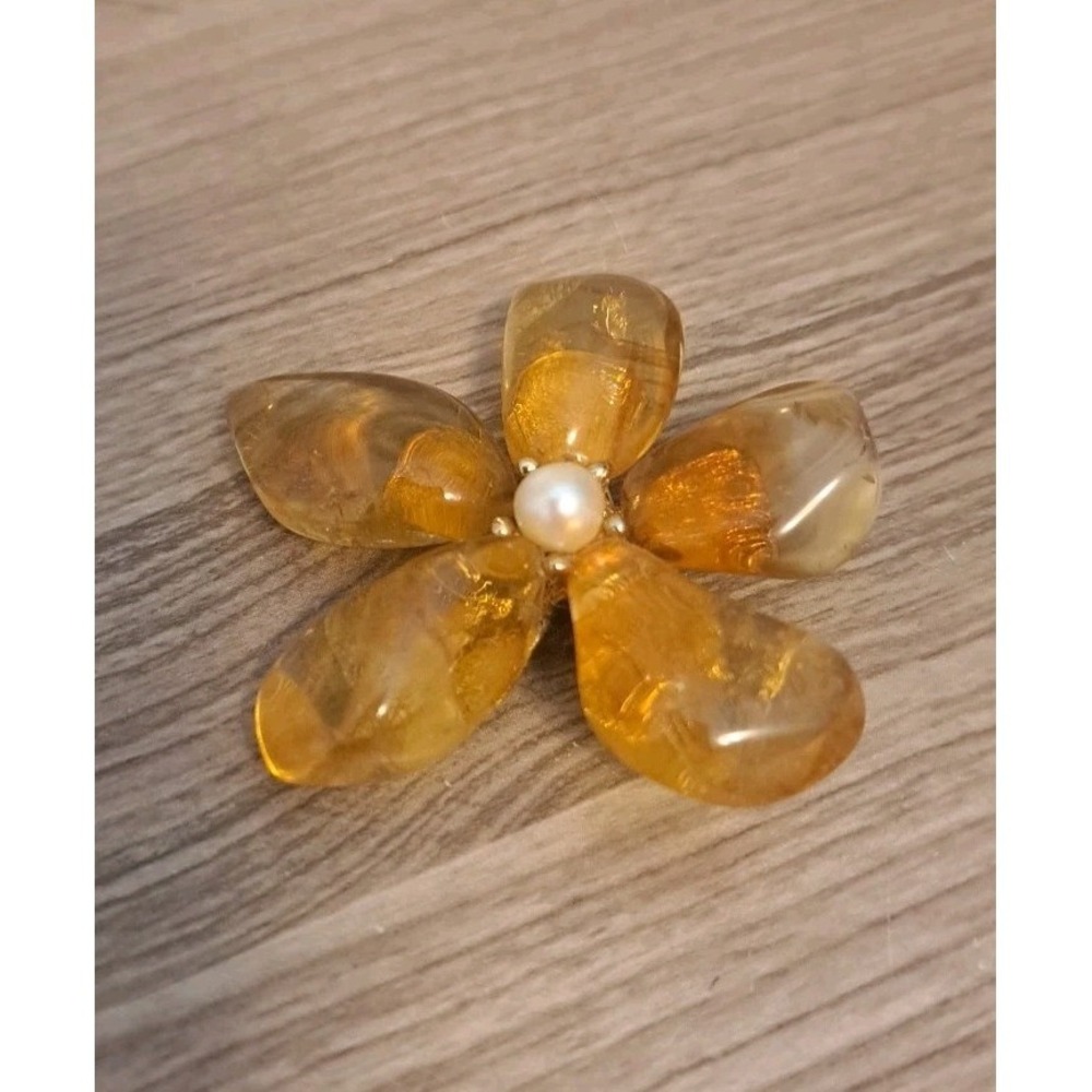 Vintage Citrine Yellow Flower Pearl Brooch Pin Signed Swoboda